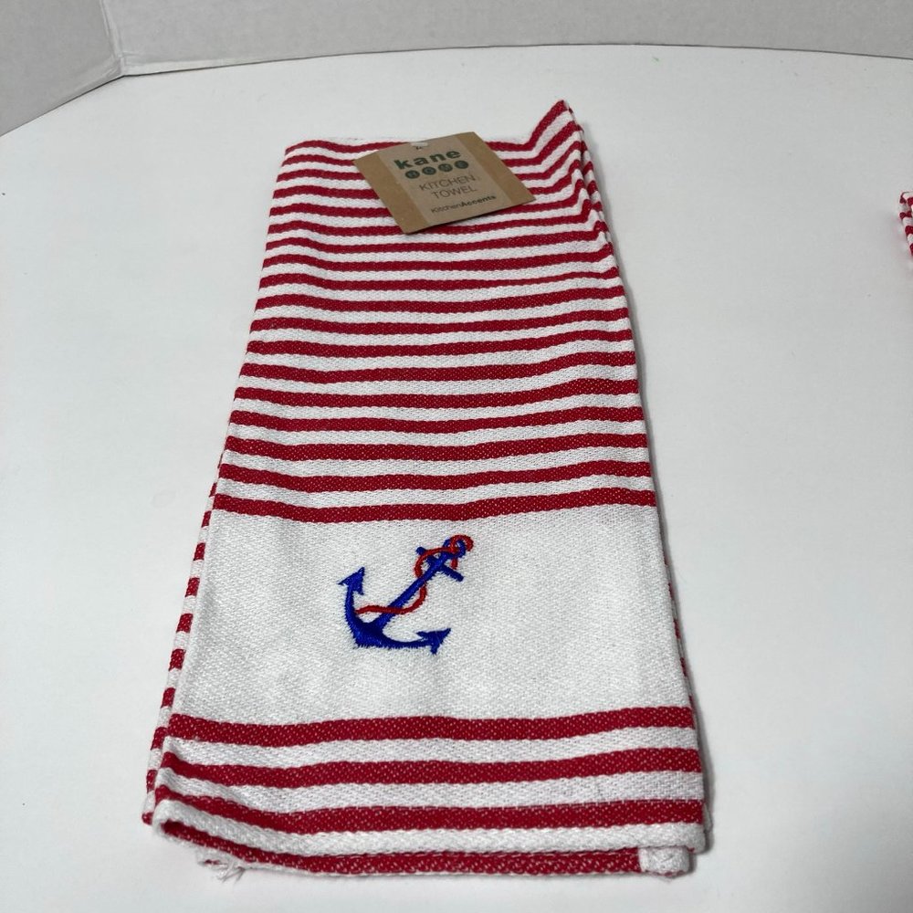 Striped Red Kitchen Hand Towel Nautical Anchor